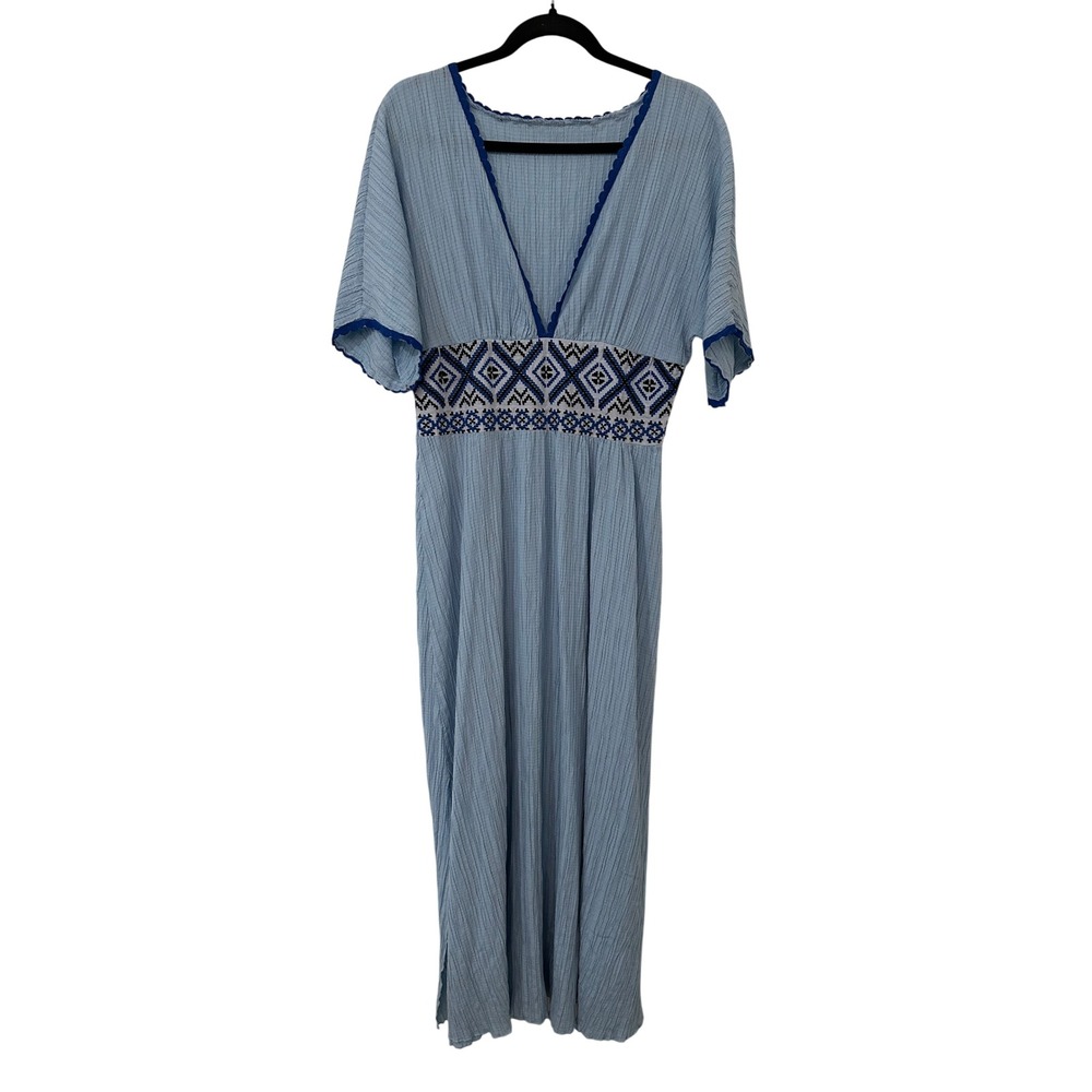 Boho Crinkle Maxi Dress Blue Embroidered Waist M Tribal Western Indie Flowy
